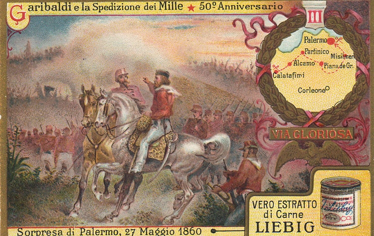 L'immagine mostra Garibaldi alla guida del suo esercito in vista di Palermo. La mappa mostra il percorso circolare compiuto dai garibaldini per prendere Palermo, sorprendendo i borbonici.