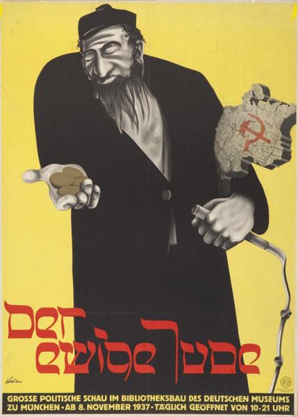 Poster di propaganda antisemita del 1937 lo stereotipo dell'ebreo rappresentato nell'immagine assomiglia molto al personaggio di Shylock.